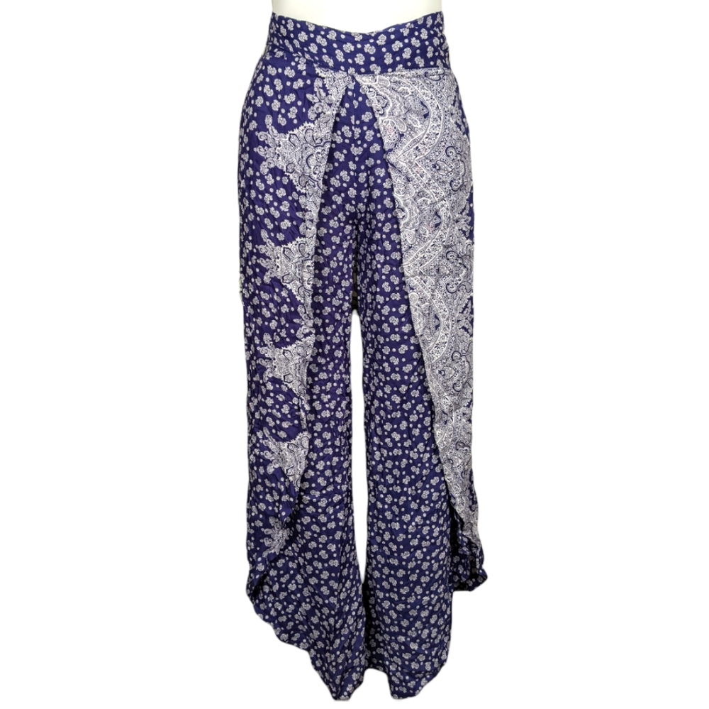 High waisted beach pants split leg blue white. M